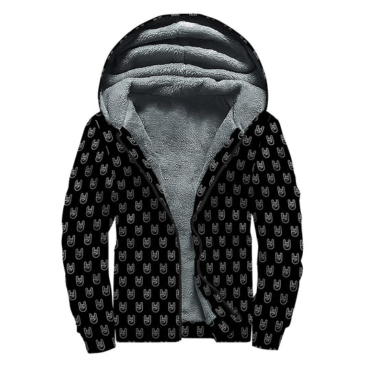 Rock And Roll Hand Symbol Pattern Print Sherpa Lined Zip Up Hoodie
