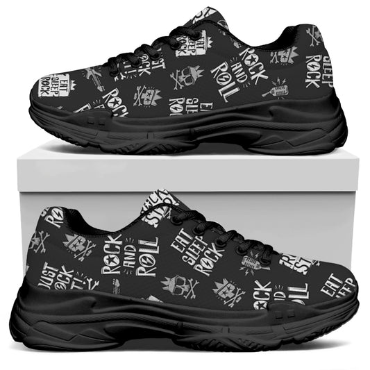 Rock And Roll Music Pattern Print Black Chunky Shoes