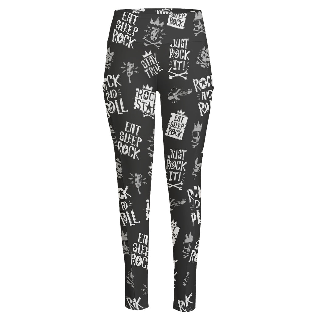Rock And Roll Music Pattern Print High-Waisted Pocket Leggings