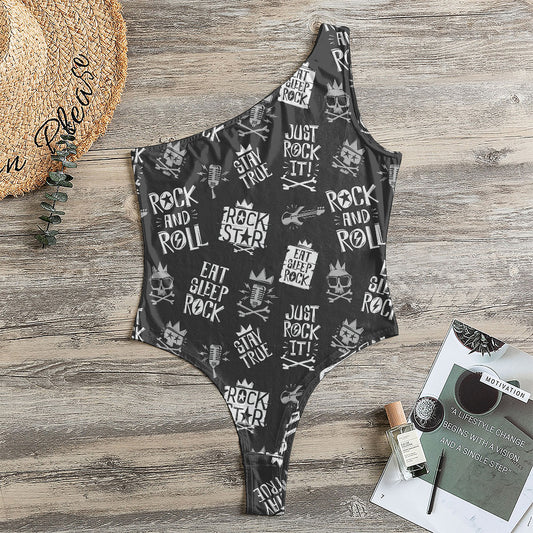 Rock And Roll Music Pattern Print One Shoulder Bodysuit