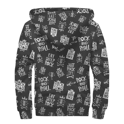 Rock And Roll Music Pattern Print Sherpa Lined Zip Up Hoodie