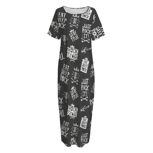 Rock And Roll Music Pattern Print Short Sleeve Long Nightdress