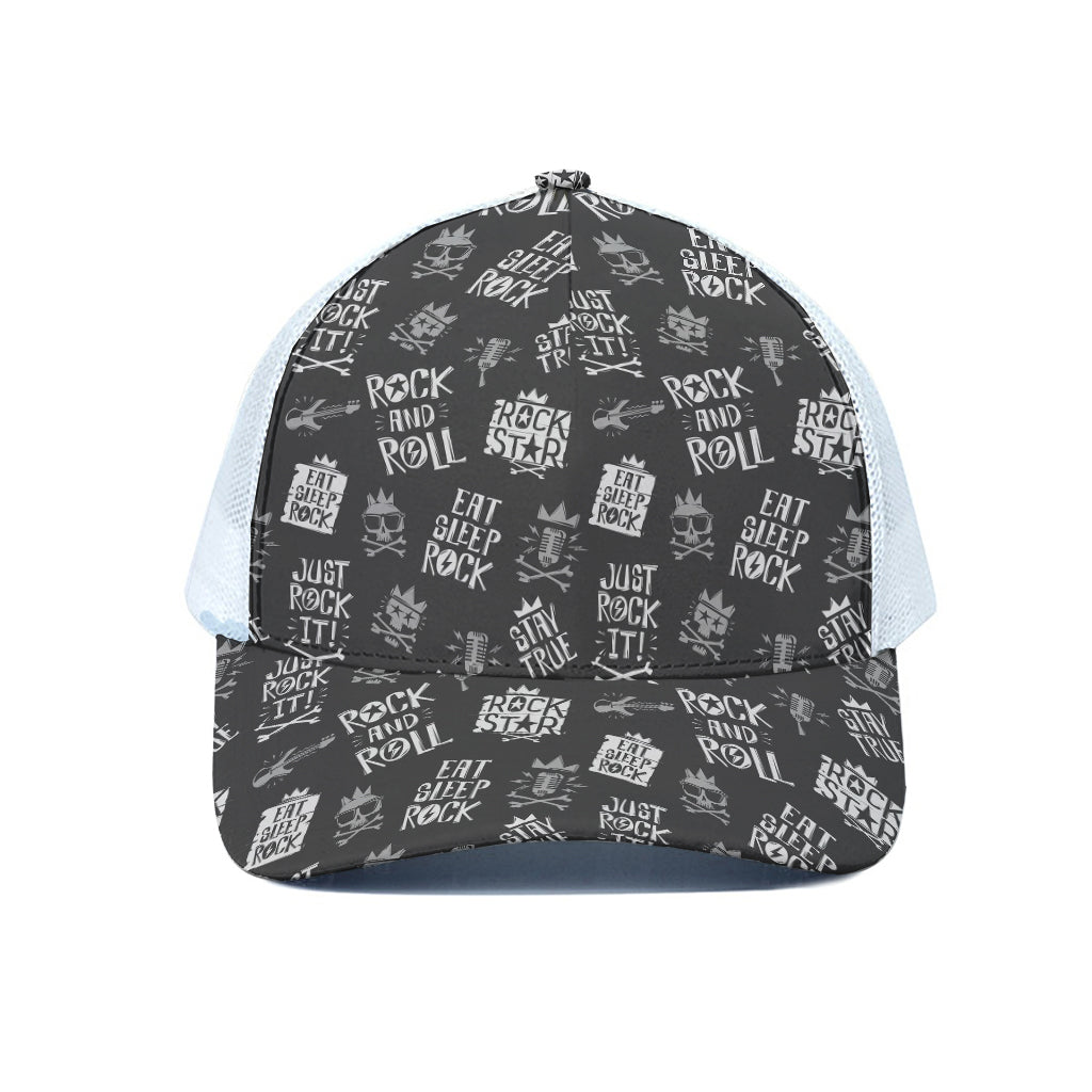 Rock And Roll Music Pattern Print White Mesh Trucker Cap