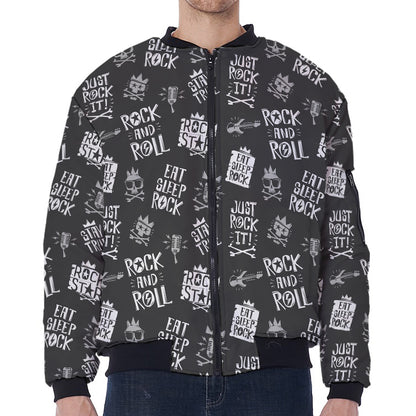 Rock And Roll Music Pattern Print Zip Sleeve Bomber Jacket