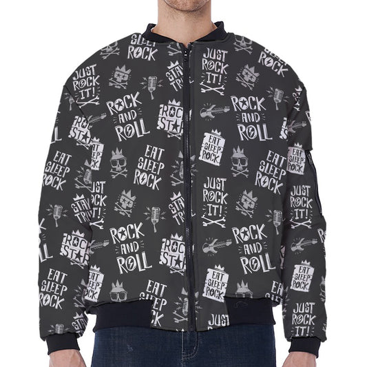 Rock And Roll Music Pattern Print Zip Sleeve Bomber Jacket