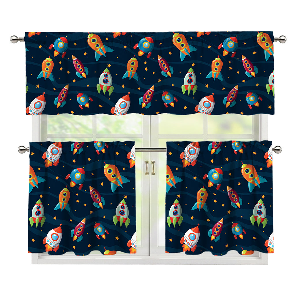 Rockets And Stars Pattern Print 3 Piece Kitchen Curtains