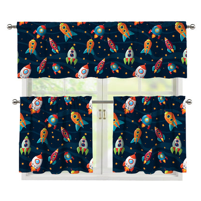 Rockets And Stars Pattern Print 3 Piece Kitchen Curtains