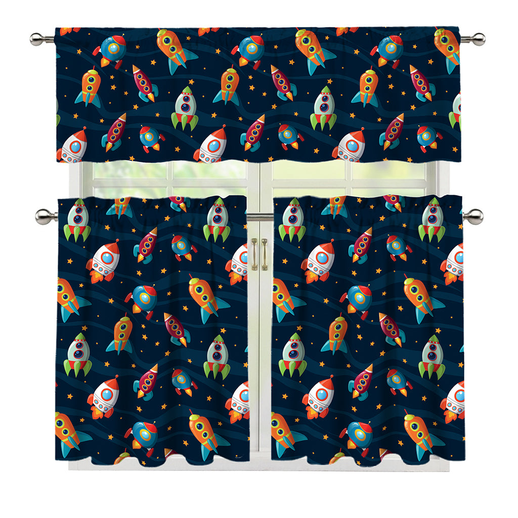 Rockets And Stars Pattern Print 3 Piece Kitchen Curtains