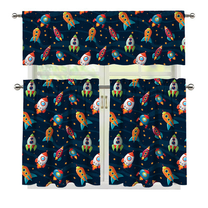Rockets And Stars Pattern Print 3 Piece Kitchen Curtains