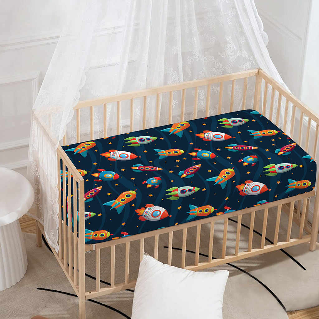 Rockets And Stars Pattern Print Baby Crib Sheet