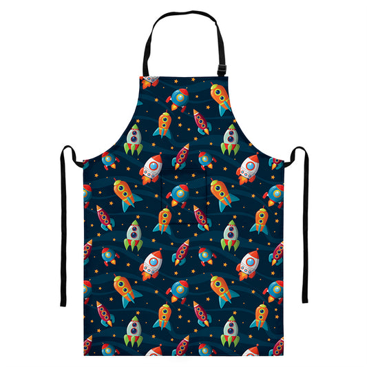Rockets And Stars Pattern Print Bib Apron With Pocket