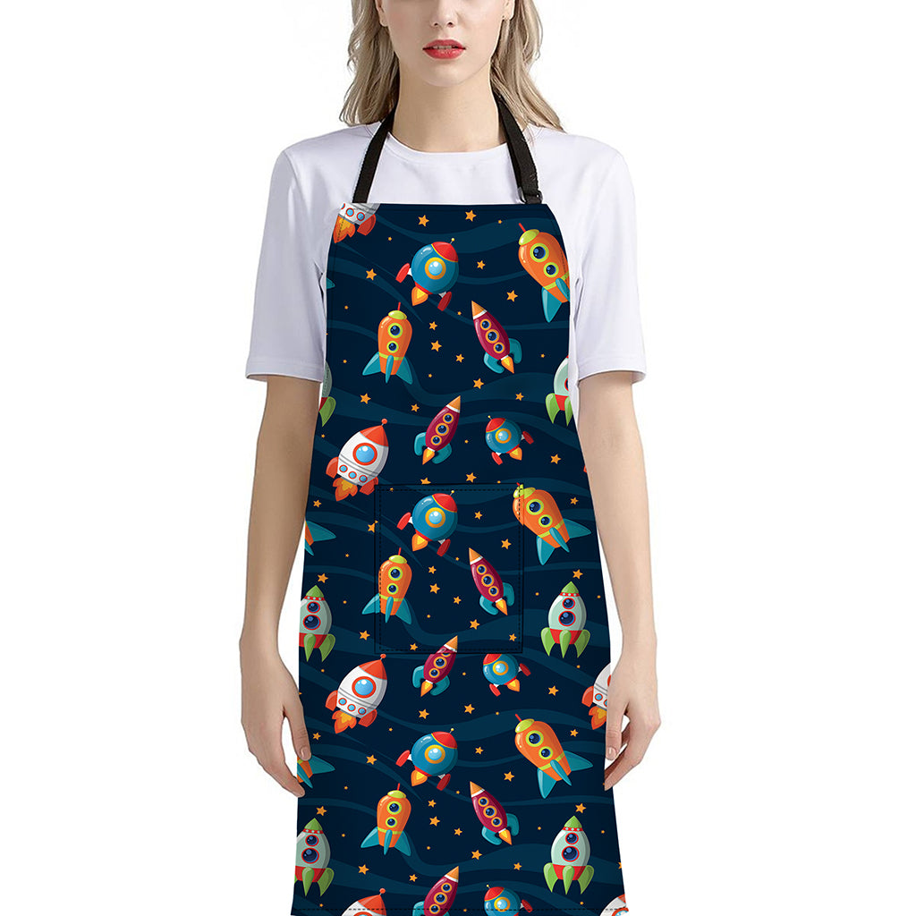 Rockets And Stars Pattern Print Bib Apron With Pocket