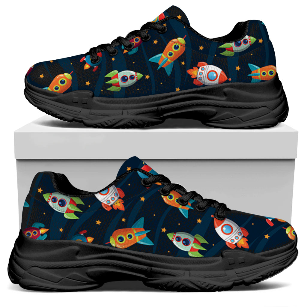 Rockets And Stars Pattern Print Black Chunky Shoes