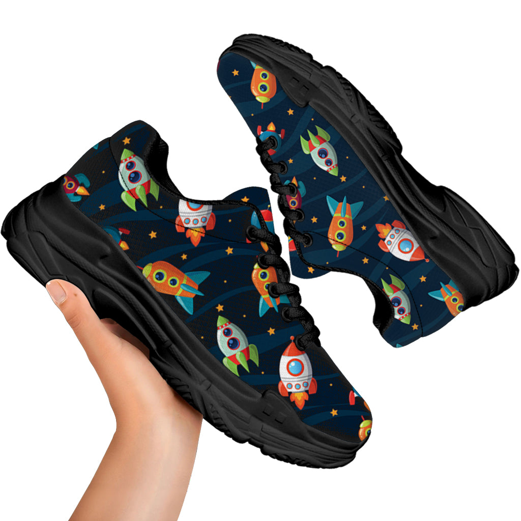 Rockets And Stars Pattern Print Black Chunky Shoes