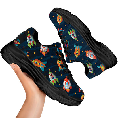 Rockets And Stars Pattern Print Black Chunky Shoes