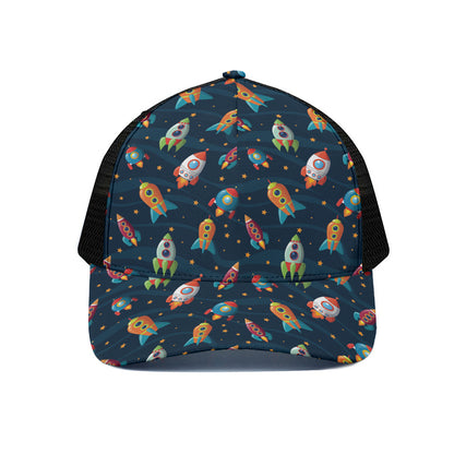 Rockets And Stars Pattern Print Black Mesh Trucker Cap