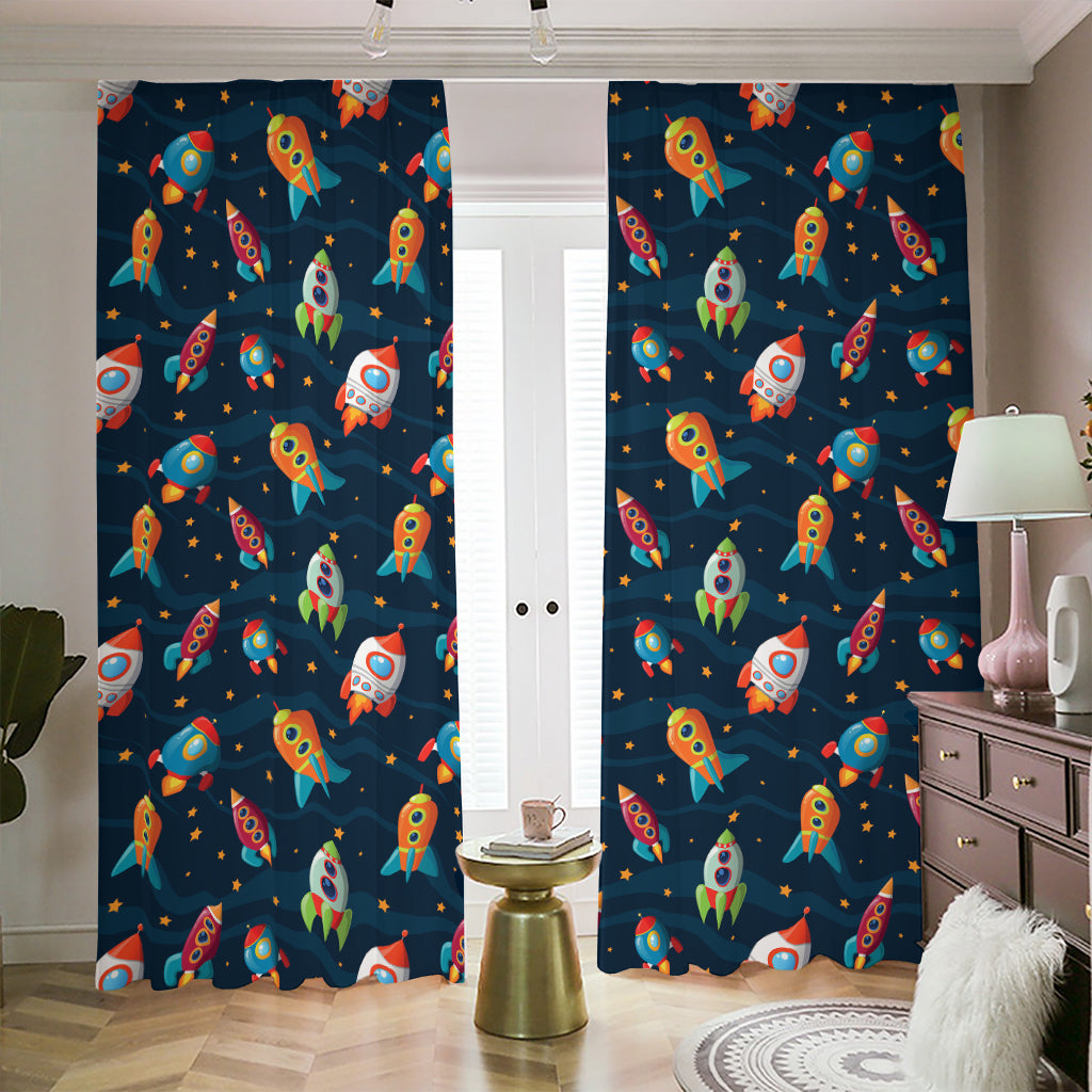 Rockets And Stars Pattern Print Blackout Pencil Pleat Curtains