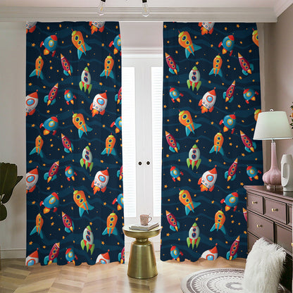 Rockets And Stars Pattern Print Blackout Pencil Pleat Curtains