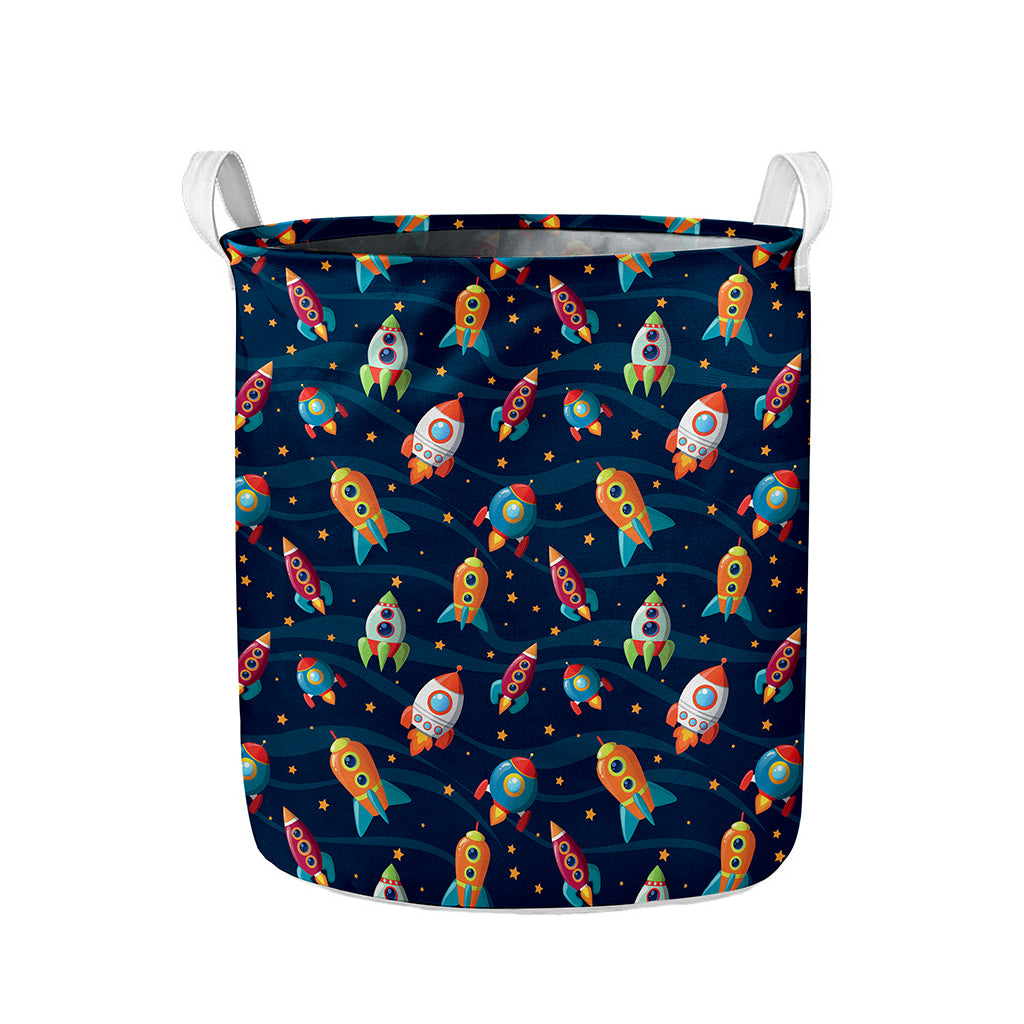 Rockets And Stars Pattern Print Collapsible Laundry Basket