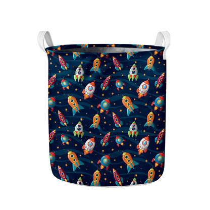 Rockets And Stars Pattern Print Collapsible Laundry Basket