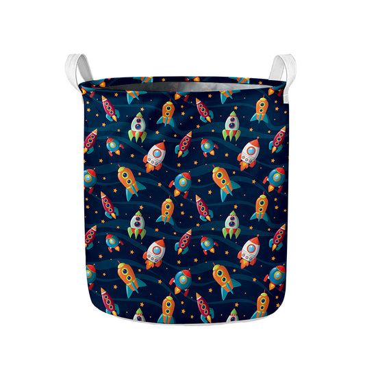 Rockets And Stars Pattern Print Collapsible Laundry Basket