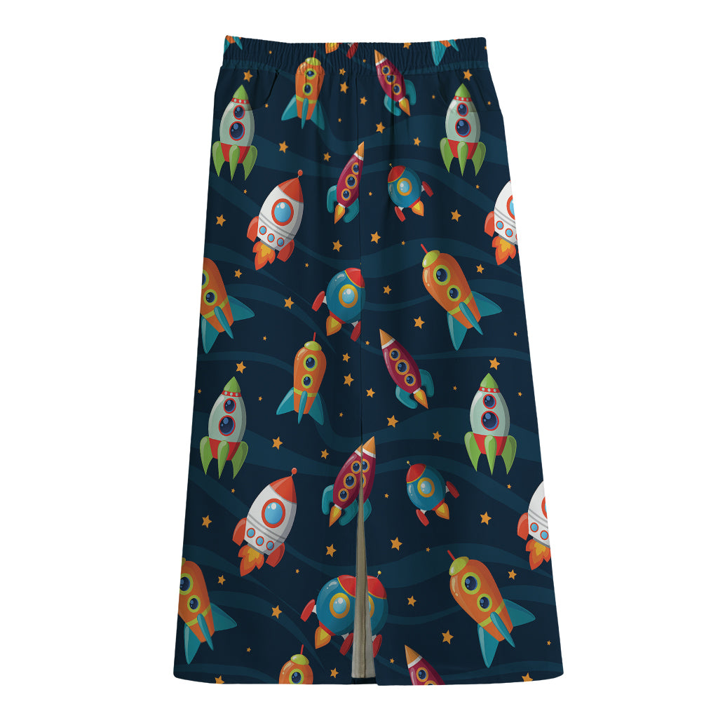 Rockets And Stars Pattern Print Cotton Front Slit Maxi Skirt