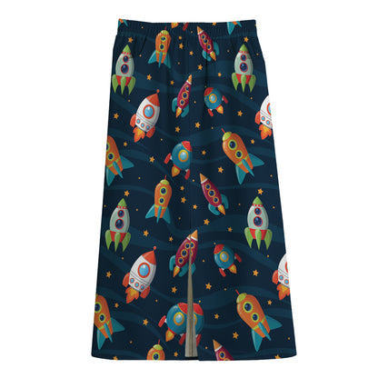 Rockets And Stars Pattern Print Cotton Front Slit Maxi Skirt