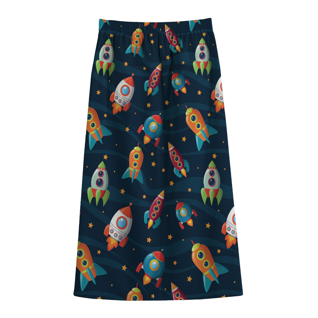 Rockets And Stars Pattern Print Cotton Front Slit Maxi Skirt
