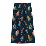 Rockets And Stars Pattern Print Cotton Front Slit Maxi Skirt