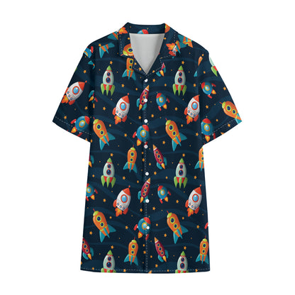 Rockets And Stars Pattern Print Cotton Hawaiian Shirt