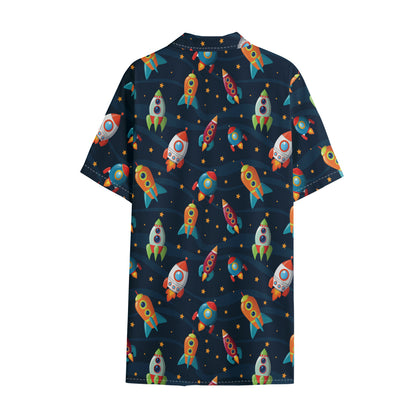 Rockets And Stars Pattern Print Cotton Hawaiian Shirt