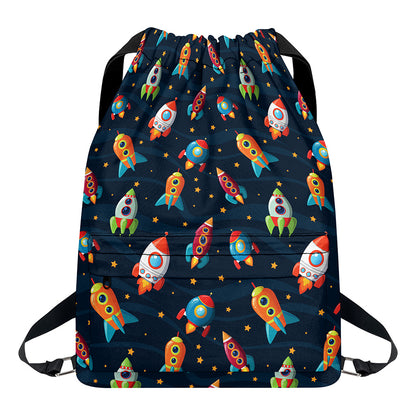Rockets And Stars Pattern Print Drawstring Backpack