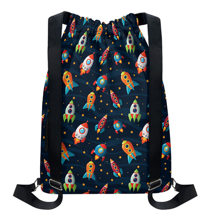 Rockets And Stars Pattern Print Drawstring Backpack