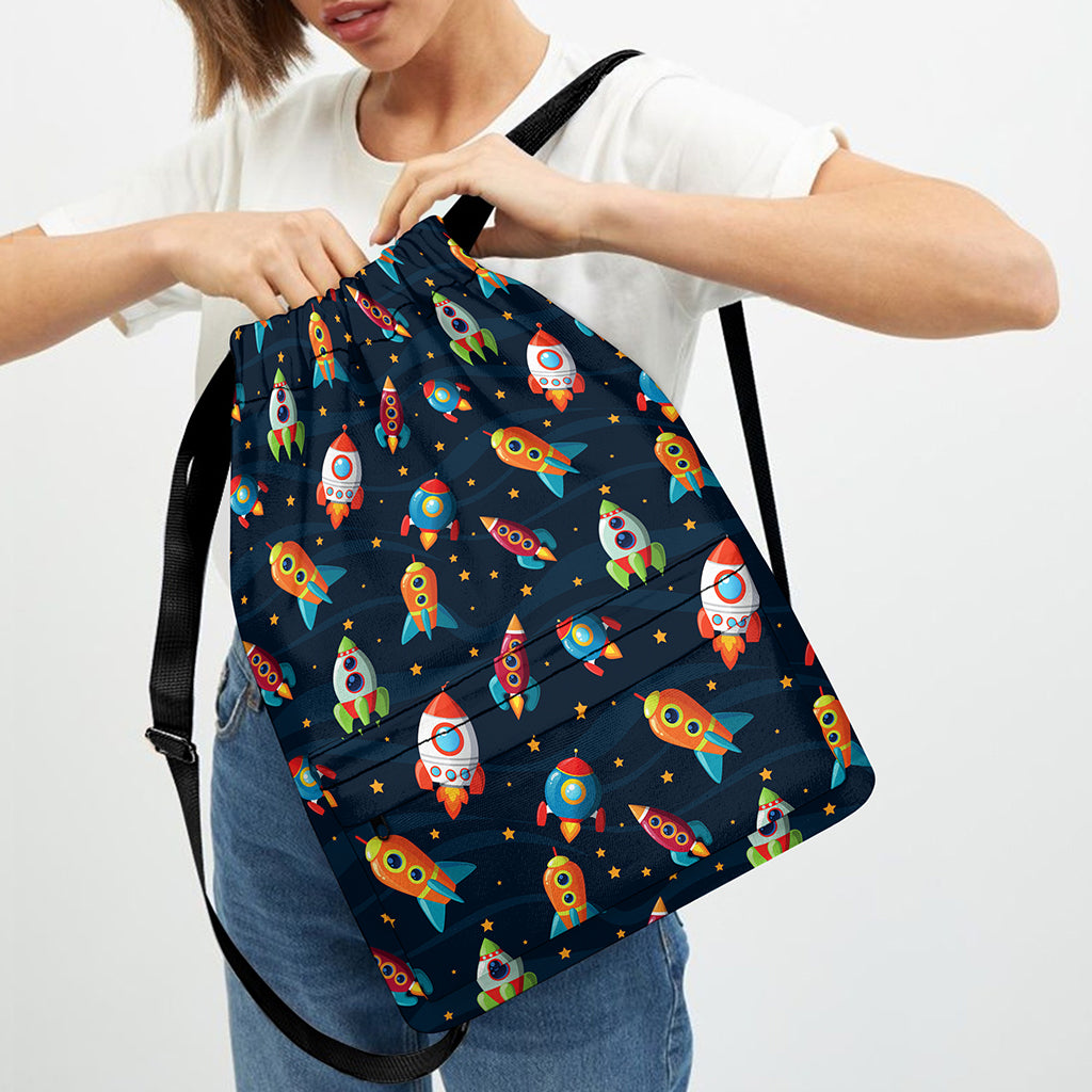 Rockets And Stars Pattern Print Drawstring Backpack