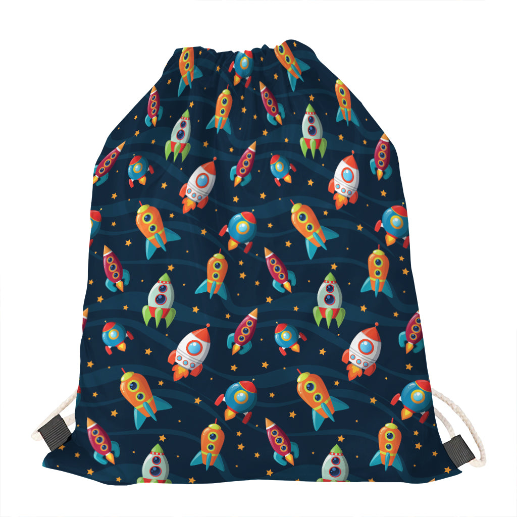 Rockets And Stars Pattern Print Drawstring Bag