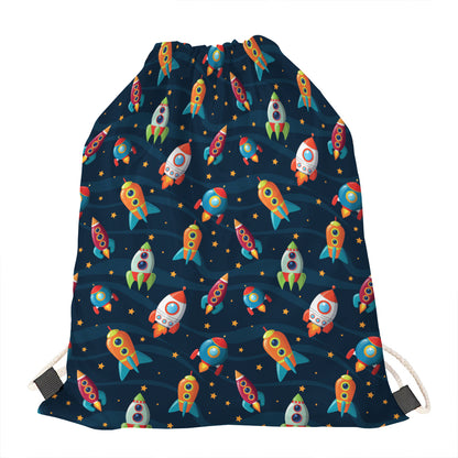 Rockets And Stars Pattern Print Drawstring Bag