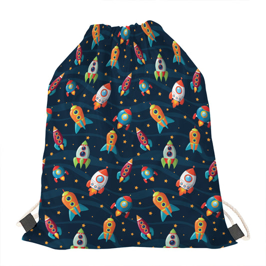 Rockets And Stars Pattern Print Drawstring Bag