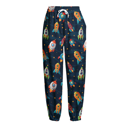 Rockets And Stars Pattern Print Fleece Lined Knit Pants