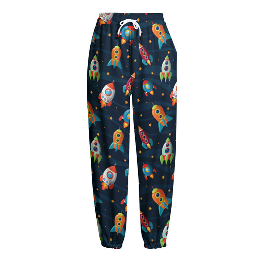 Rockets And Stars Pattern Print Fleece Lined Knit Pants