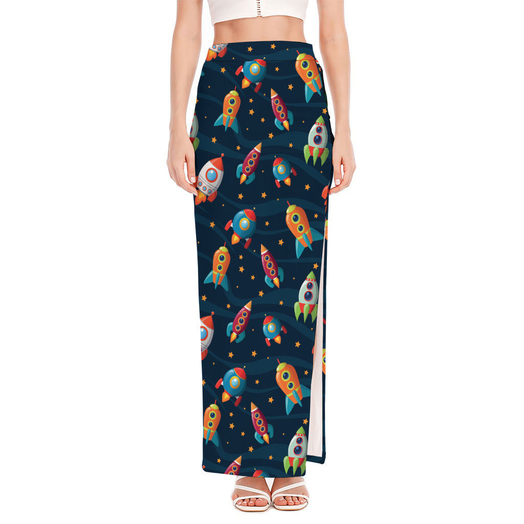 Rockets And Stars Pattern Print High Slit Maxi Skirt