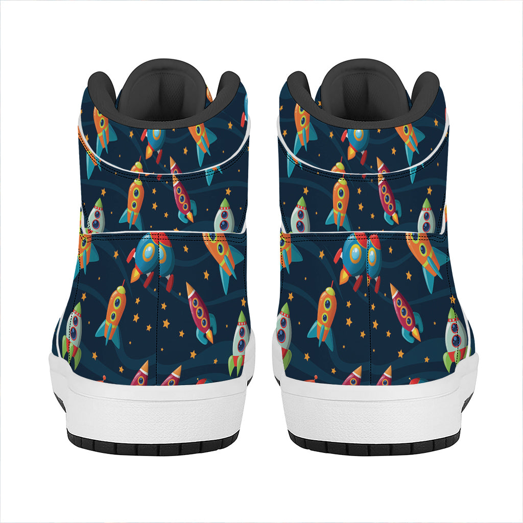 Rockets And Stars Pattern Print High Top Leather Sneakers