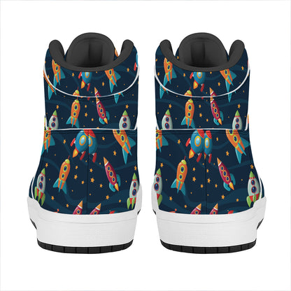 Rockets And Stars Pattern Print High Top Leather Sneakers