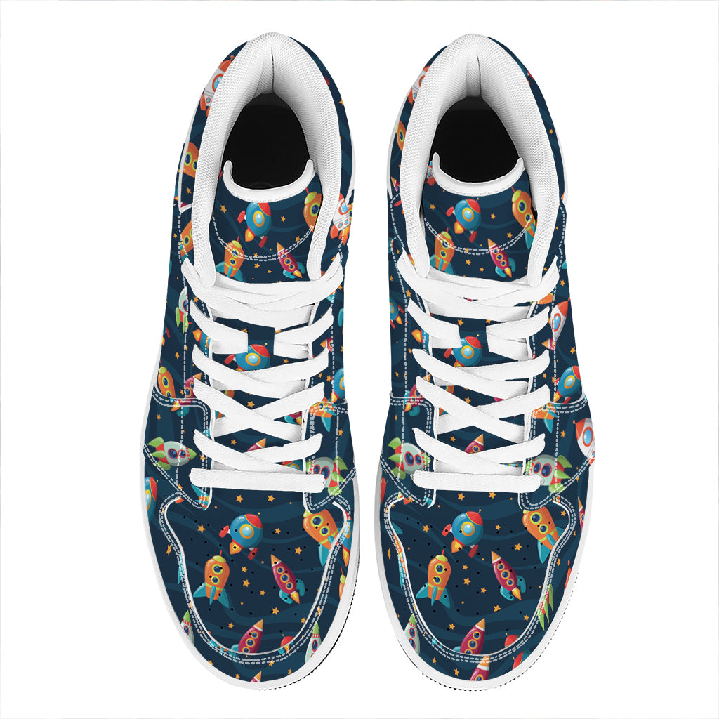 Rockets And Stars Pattern Print High Top Leather Sneakers