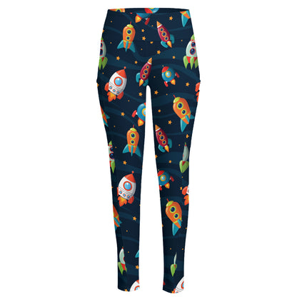 Rockets And Stars Pattern Print High-Waisted Pocket Leggings