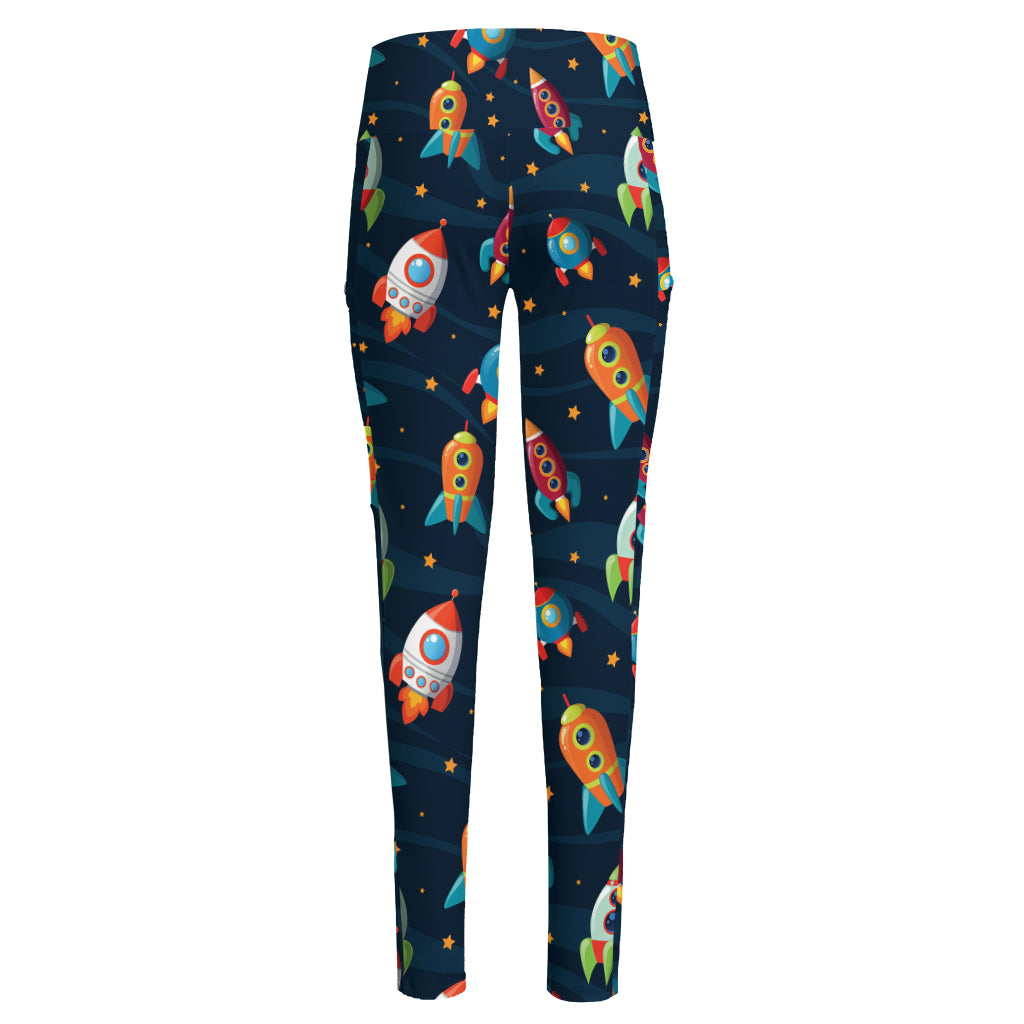 Rockets And Stars Pattern Print High-Waisted Pocket Leggings