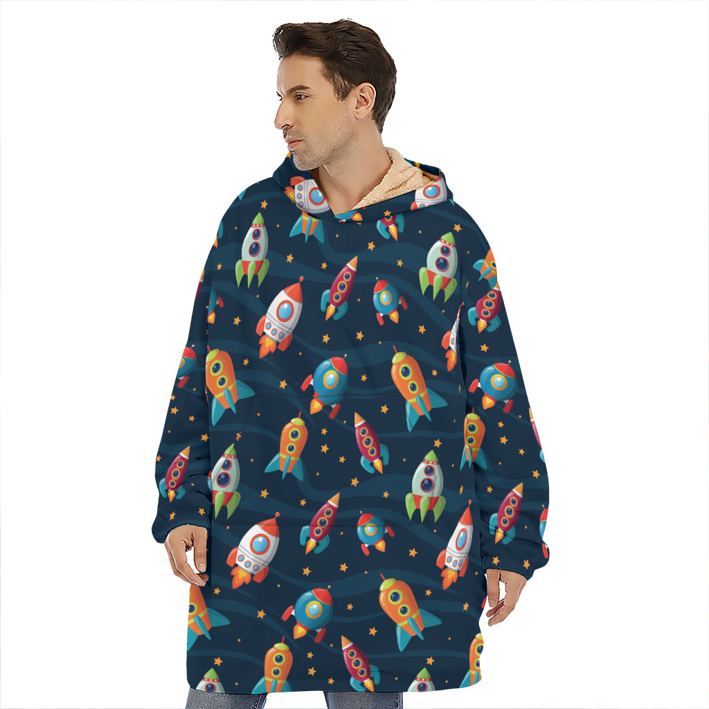 Rockets And Stars Pattern Print Hoodie Blanket