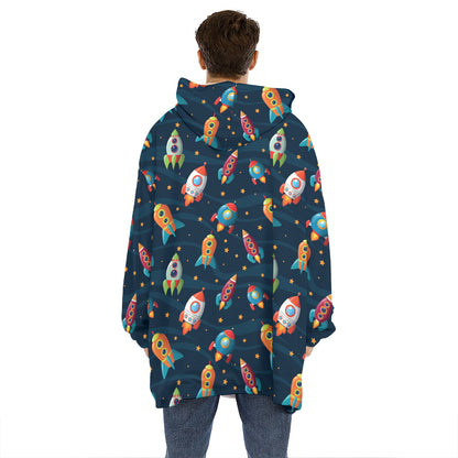 Rockets And Stars Pattern Print Hoodie Blanket