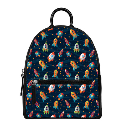 Rockets And Stars Pattern Print Leather Backpack