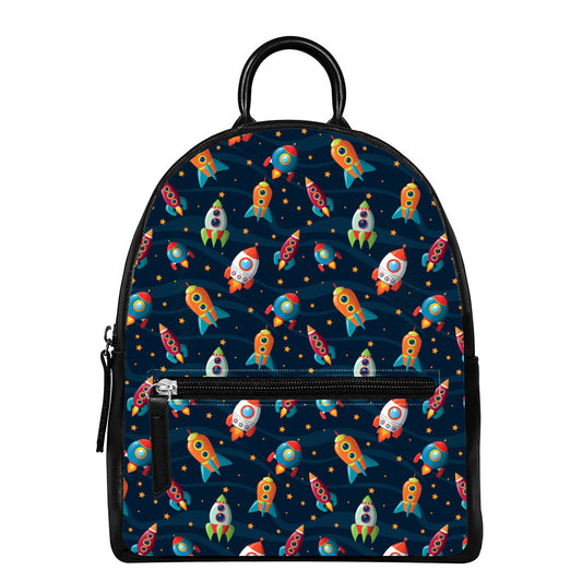 Rockets And Stars Pattern Print Leather Backpack