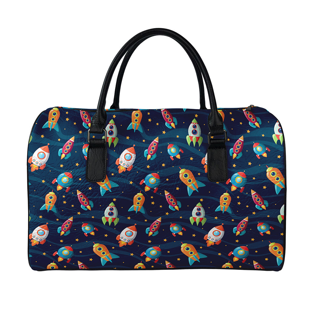 Rockets And Stars Pattern Print Leather Duffle Bag